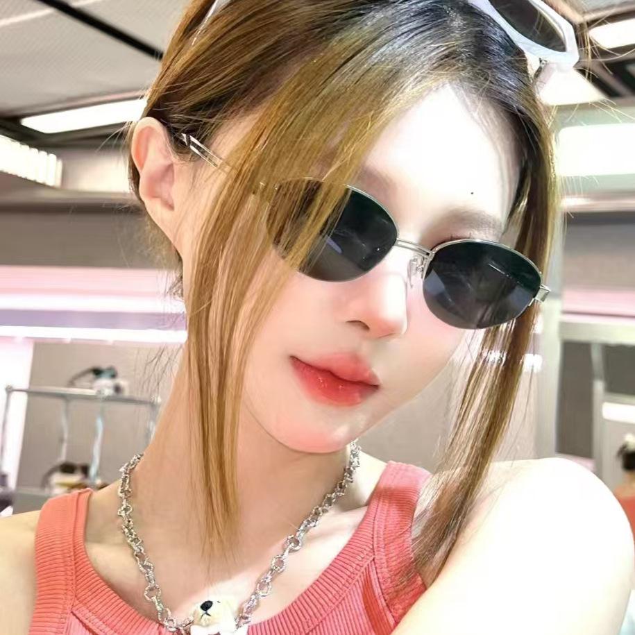 Designersolglasögon i koreansk stil för kvinnor, oval form, halvinfattade solglasögon för kvinnor, vintage hiphop solglasögon för män
