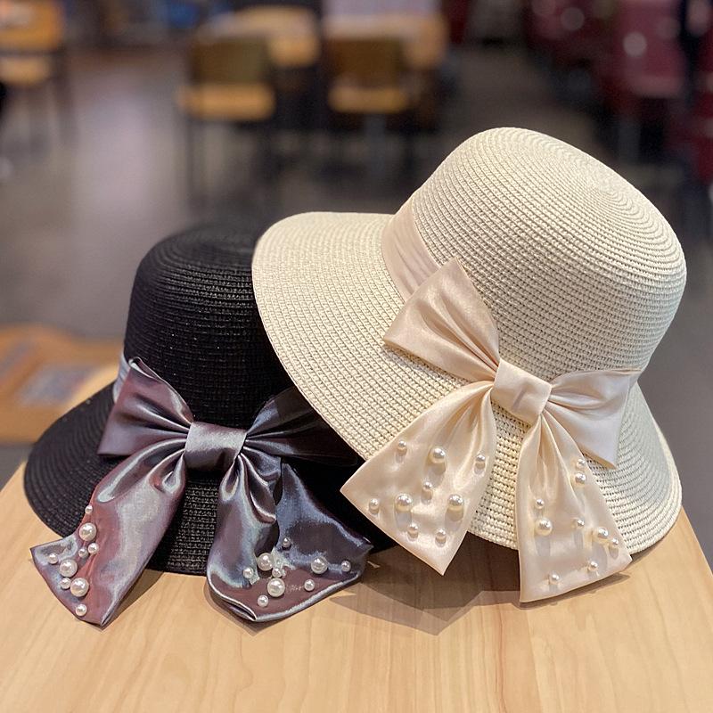 Summer sun protection hat, fashionable and versatile, pearl bow, wide-brimmed straw hat for women, travel bucket hat, sun hat, fisherman hat