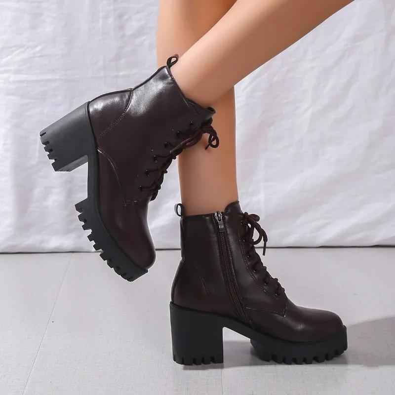 Módní výprodej 2024 Dámské boty s bočním zipem Dámské kozačky Módní šněrování Moderní kozačky Dámské nové boty s kulatou špičkou