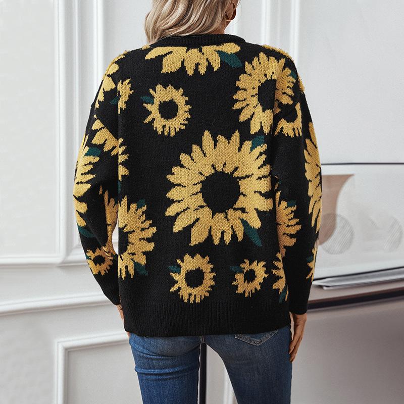 European and American Autumn and Winter New Tops Sunflower Towel Embroidered Round Neck Long-sleeved Knitted Pullover Sweater for Women