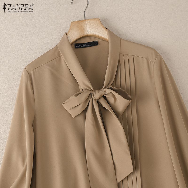 ZANZEA Women Casual Bows Round Neck Loose Long Sleeve Elegant Blouse