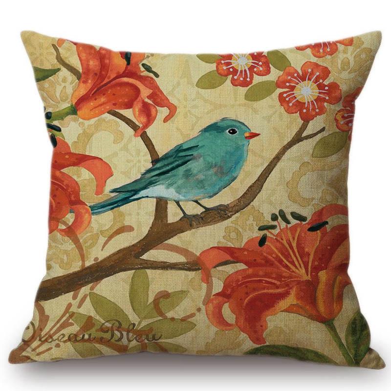 Lovely Birds Floral Night Owl Squirrel Home Decorative Cotton Linen Sofa Throw Pillow Case 45X45Cm Square Car Cushion Cover Case