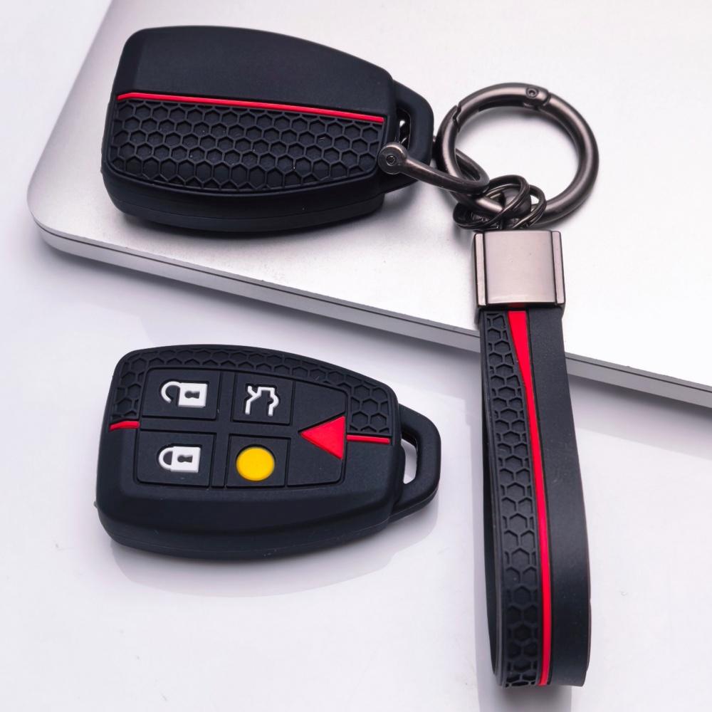 Silicone Key Fob Cover with keychain for Volvo XC90 XC70 XC60 S80 S60 V70 V50 C30 This Soft Protective Key Case Fits 5 Button Smart Remote Keys It