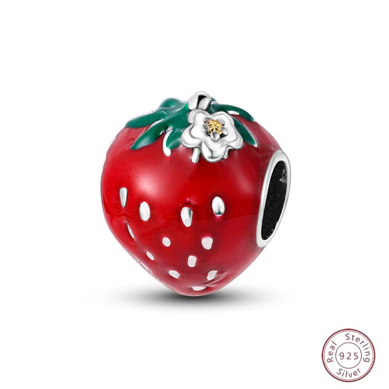 Copper Beaded Pendant Red Shiny Zircon Fruit Strawberry Cherry For Original 3Mm Bracelet Women Fine Jewelry