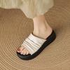 Krazing Pot Cow Skin Summer Size 40 Outside Slippers Thick Bottom Flat Platform Pleated Decoration Women Flip Flops Sandals