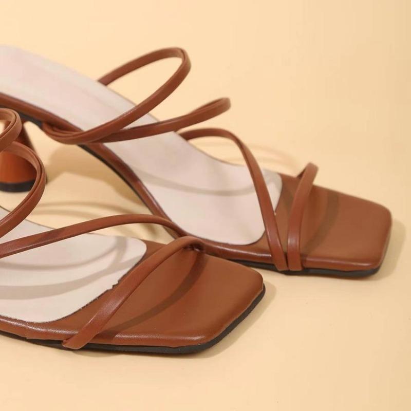 Módní a všestranné sandály na vysokém podpatku s tenkým páskem, elegantní a jednoduché jednobarevné dámské boty se čtvercovou špičkou na tlustém podpatku s otevřenou špičkou