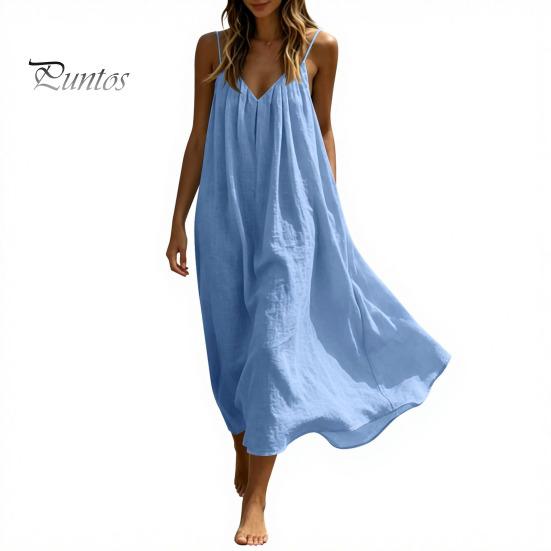 Soft Fabric Dress Women's Spaghetti Strap Beach Sundress, Summer Sleeveless V Comfortable Neck Cami Dress, Loose Flowy Vacation Long Versatile Holiday