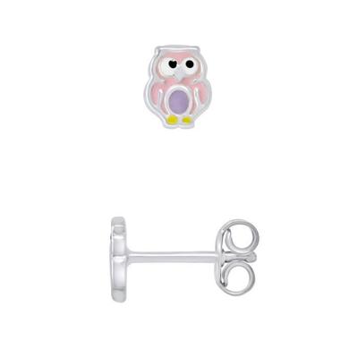 Brincos - LÉA &; ARTHUR - Coruja Rosa - Prata 925 - Esmalte Rosa - Sistema de Carrinho de Bebê