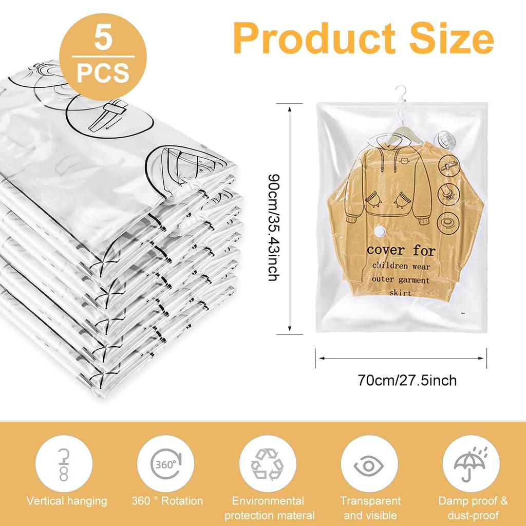 5 Pack Hanging Vacuum Storage Bags Space Saver Bags Hanging Storage Bags for Clothes for Suits Dress Jackets Closet Organizer