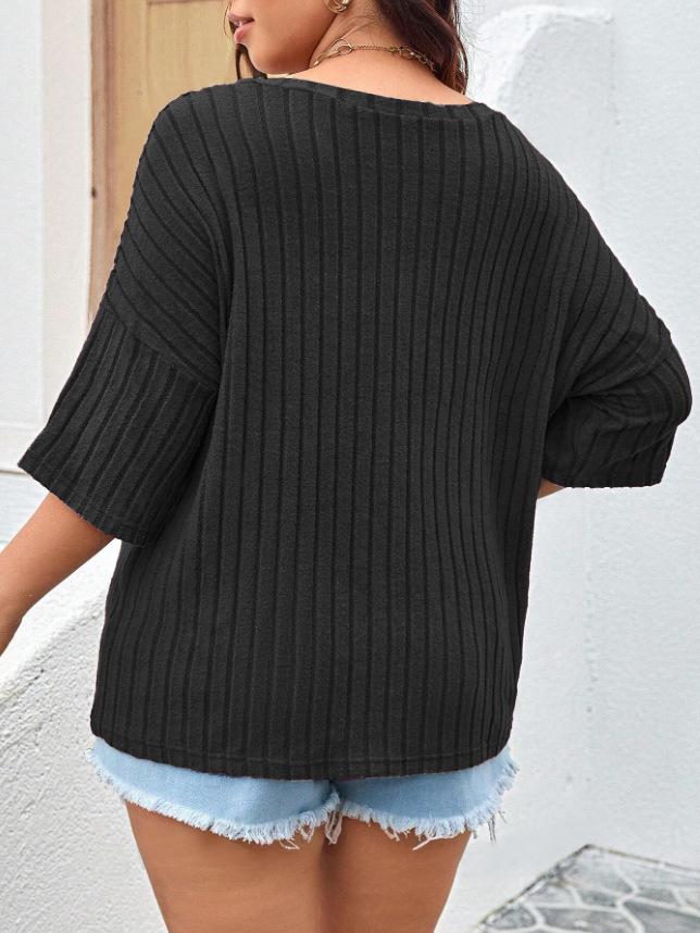 2025 Spring/Summer European & American Fashion Casual Women's Solid V-neck Pocket 3/4 Sleeve T-shirt