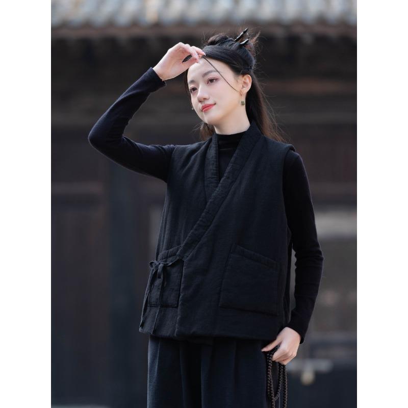

25 Winter cotton and linen women s new Chinese retro sand washed V-neck vest women s outer cotton and linen padded thickened cotton vest One size