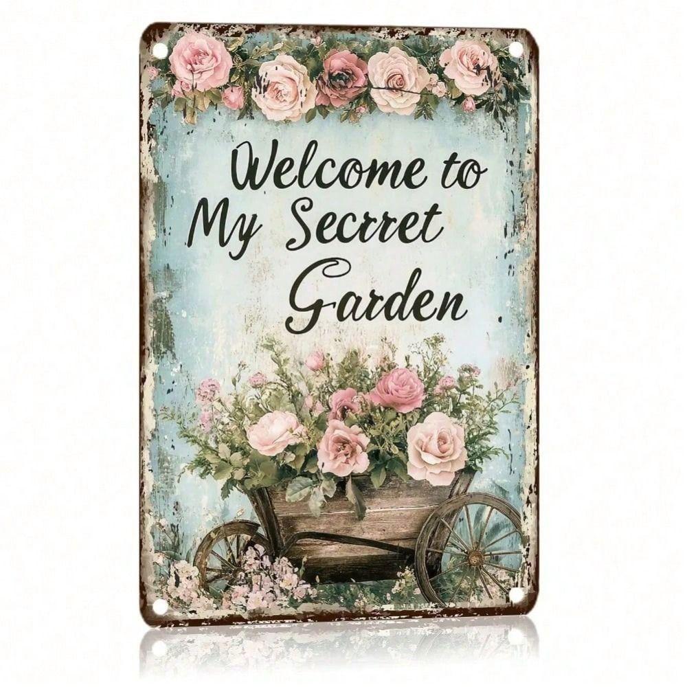 Metal Poster Wall Art, Secret Garden Vintage Tin Sign, Home Bar Kitchen Decoration 12x8 Inch