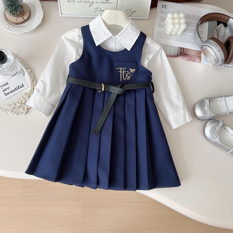 Girls' College Style Embroidered Vest & Pleated Dress with Long Sleeve Shirt