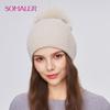 SOMALER Women Winter Fur Pom Pom Hat Wool Knit Beanie Hat With Rhinestone Warm Double Layer Luxury Fur Bobble Outdoor Cap