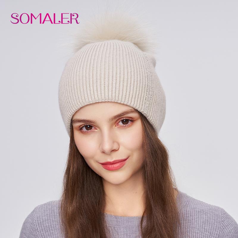 SOMALER Women Winter Fur Pom Pom Hat Wool Knit Beanie Hat With Rhinestone Warm Double Layer Luxury Fur Bobble Outdoor Cap