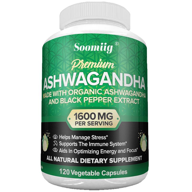 Premium Organic Ashwagandha 1600mg with Black Pepper Extract, 120 Vegetable Capsules 120PCS