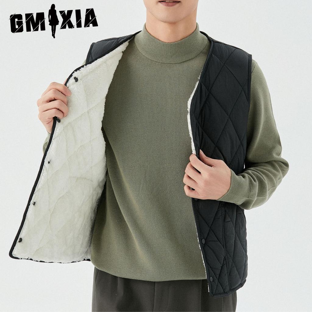 GMXIA Męska jesienno-zimowa ciepła kamizelka plus polar dla młodych i w średnim wieku, kieszeń wewnętrzna, męska krótka kamizelka zapinana na guziki w romby