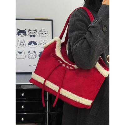 Red Christmas Plush Bag Women's New Autumn and Winter Large-capacity Shoulder Tote Bag Matte Commuter Lamb Wool Bag