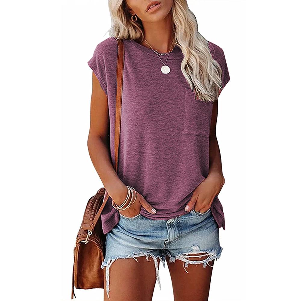 European & American Women's Solid Color Round Neck Pocket Shoulder-Split Short Sleeve T-Shirt