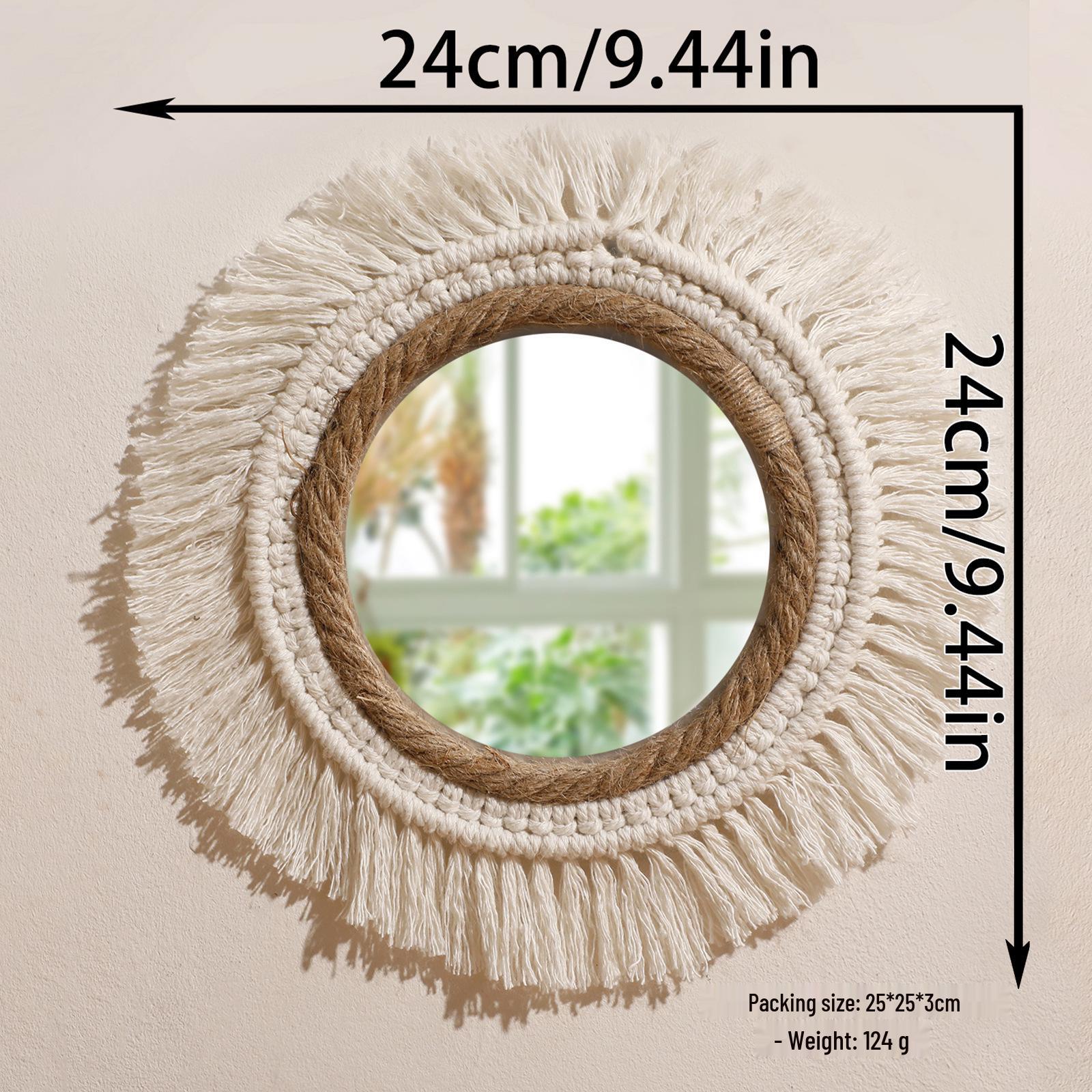 

Bohemian Woven Cotton Tassel Mirror - Decorative Round Wall Hanging for Living Room or Bedroom