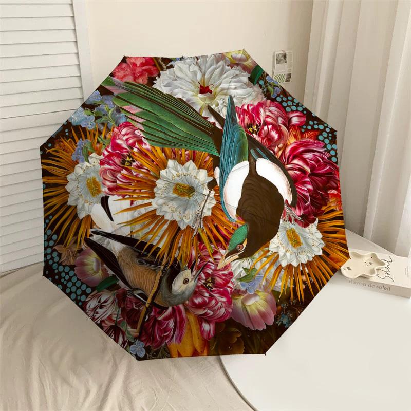 1pc Floral Birds Automatic Folding Umbrella, Heavy Duty 8 Rib Iron Frame,  Suitable for Travel, Daily Use, Birthday, Decor Gift M0104037
