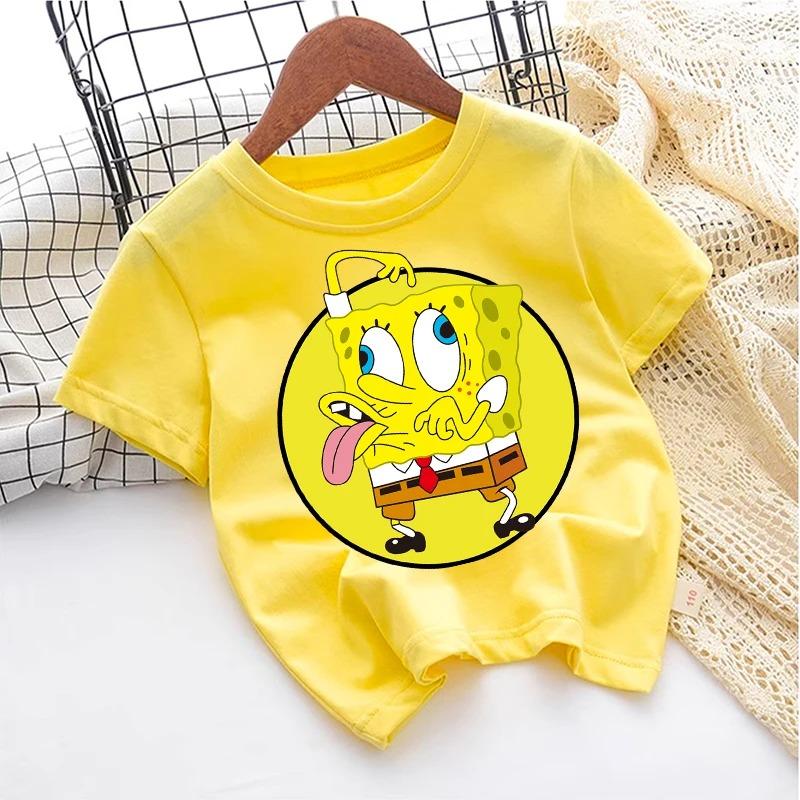SpongeBob TShirt for Kids Cartoon Design Round Neck for Boys and Girls Cotton Casual Streetwear Short Sleeve Kids Tops