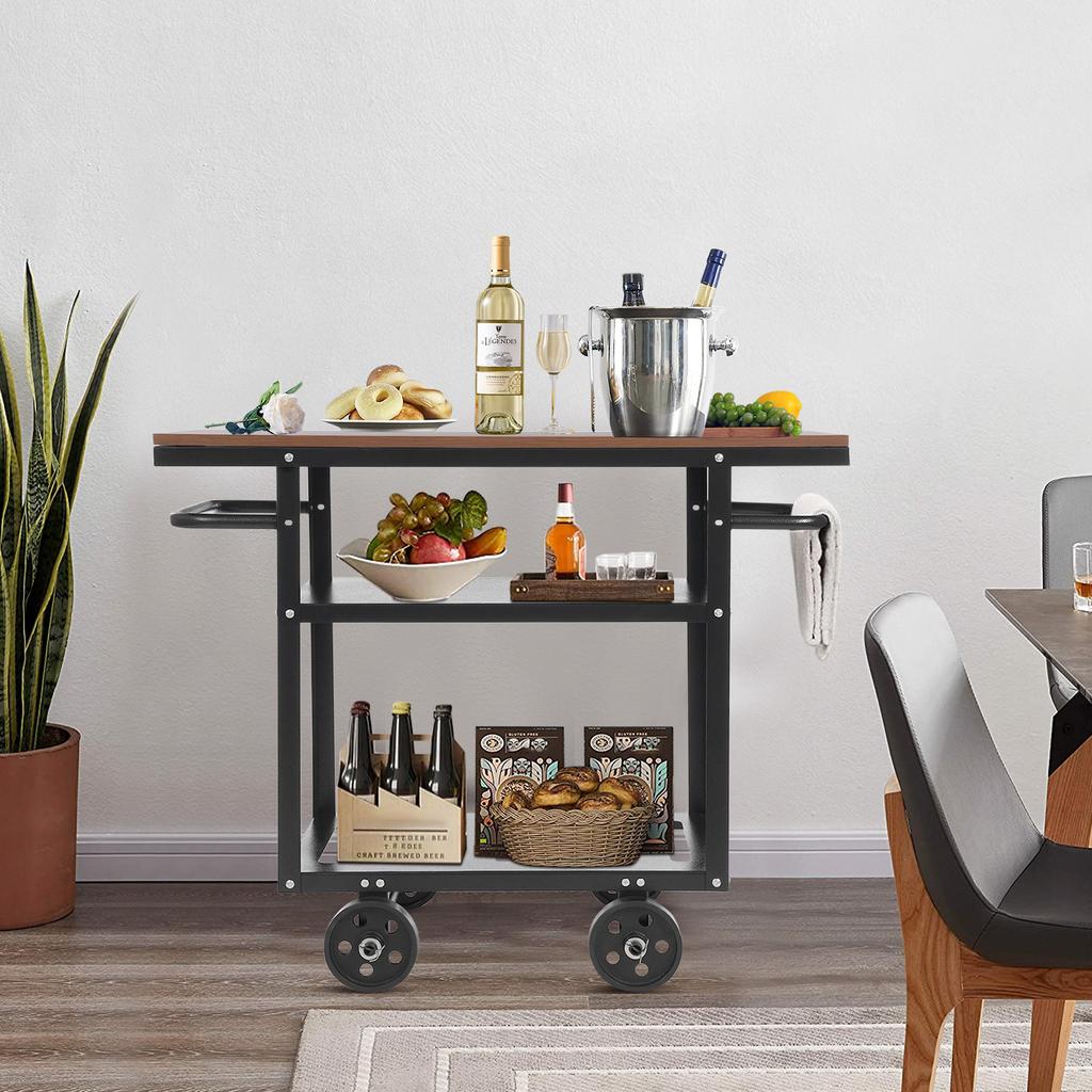 Industrial Pipe Bar Cart, Kitchen Serving Cart, 3-Tier Rolling Utility Cart with Fixed Wheels, 92x40x77.5cm Mobile Bar Cabinet