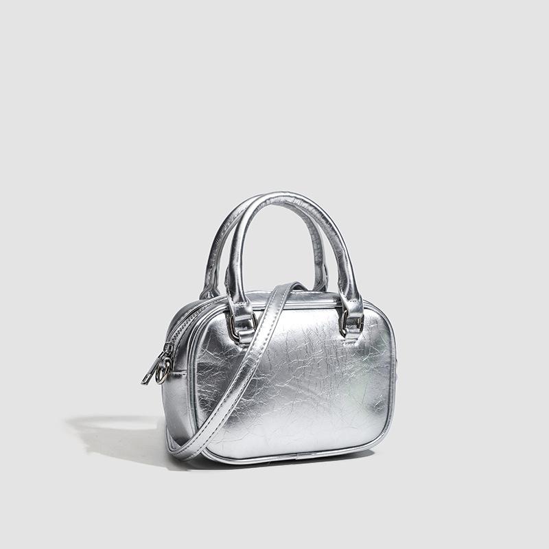 Borsa a tracolla con texture PU per donna, con cerniera, comoda, portatile, borsa da bowling, borsa quadrata piccola casual per donna