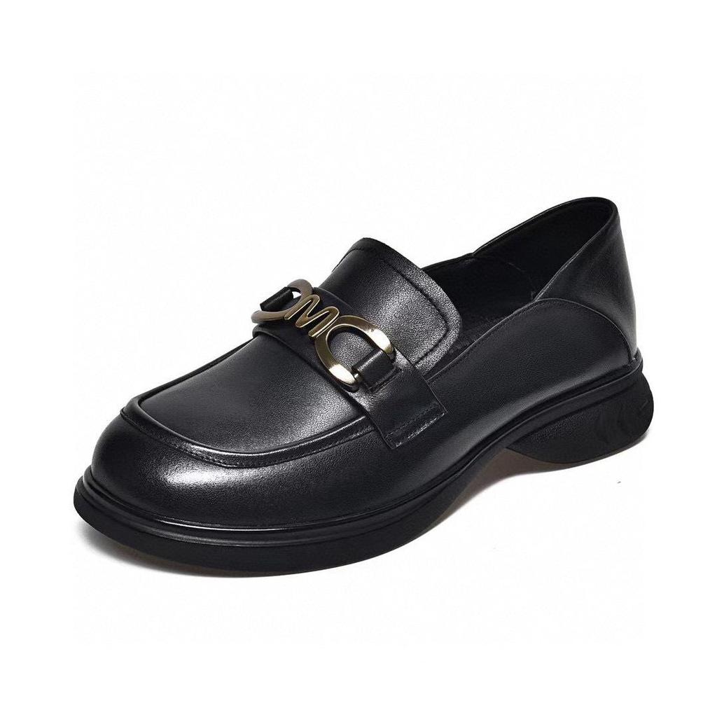 Women's 2024 Spring Round Toe Leather Loafers - British Style, Low-Cut, Flat, Comfortable, Top Layer Cowhide