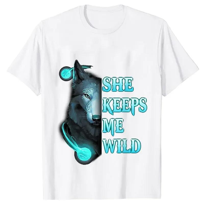 She Keeps Me Strong He Keeps Me Safe Couple Matching T Shirt Wolf Couple T Shirt Casual Black LOVER Shirt Tops Valentine Shirts