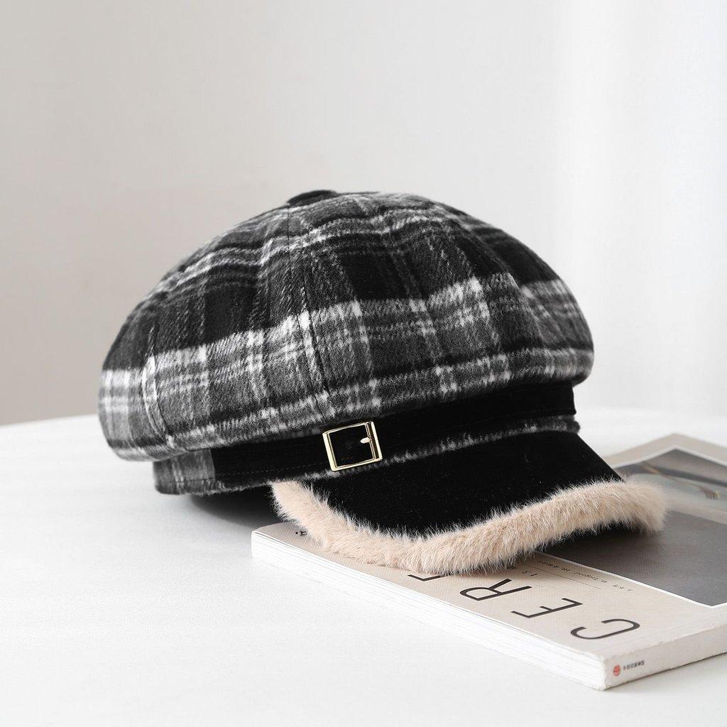Vintage Grid Pattern Wool Octagonal Hat With Warmth And Windproof For Winter Wear