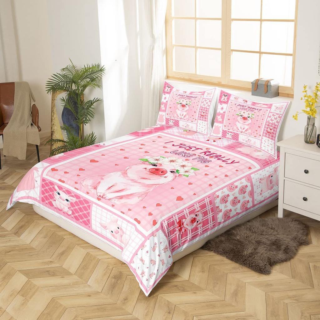 Cartoon Pink Pig Bedding Three-Piece Quilt Cover