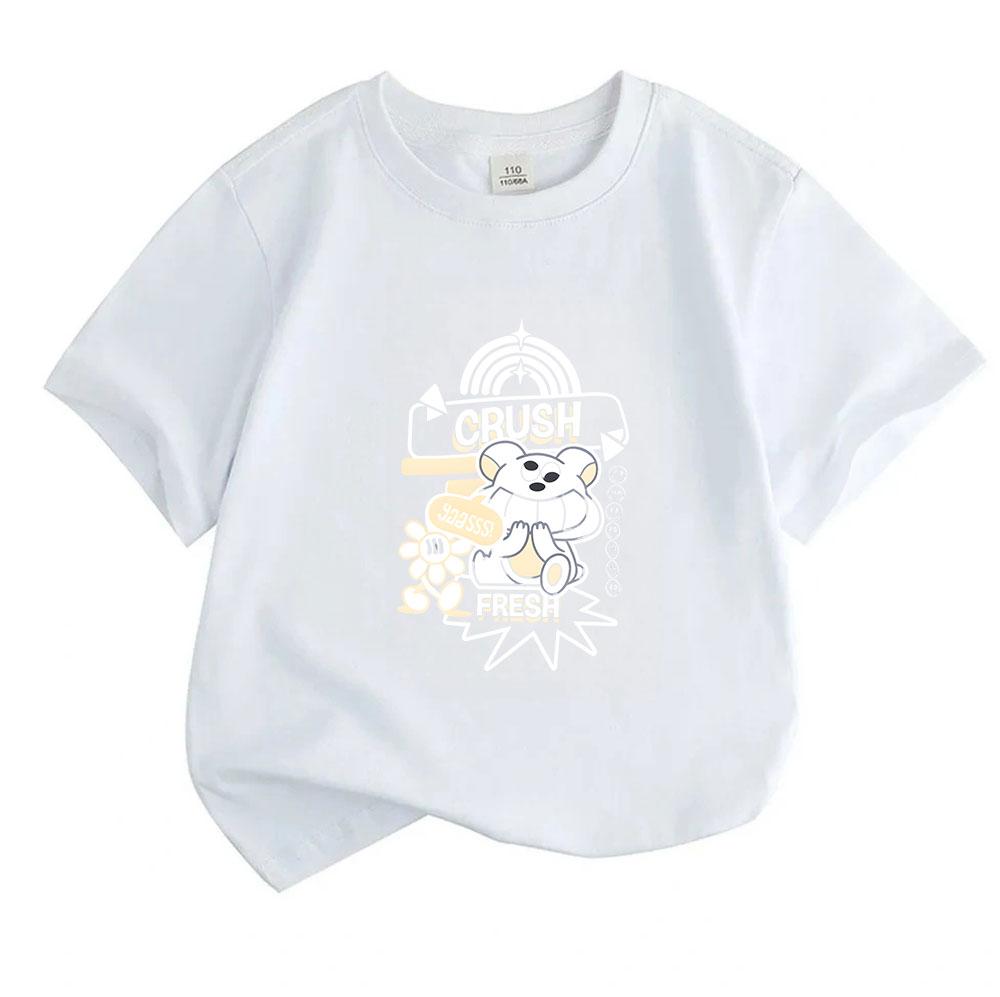 Kids Boys Girls 100% Cotton Crew Neck Short Sleeve T-Shirt, Cute Cartoon Bear CRUSH Print Casual Soft Lightweight Summer Tee for Children Daily Wear