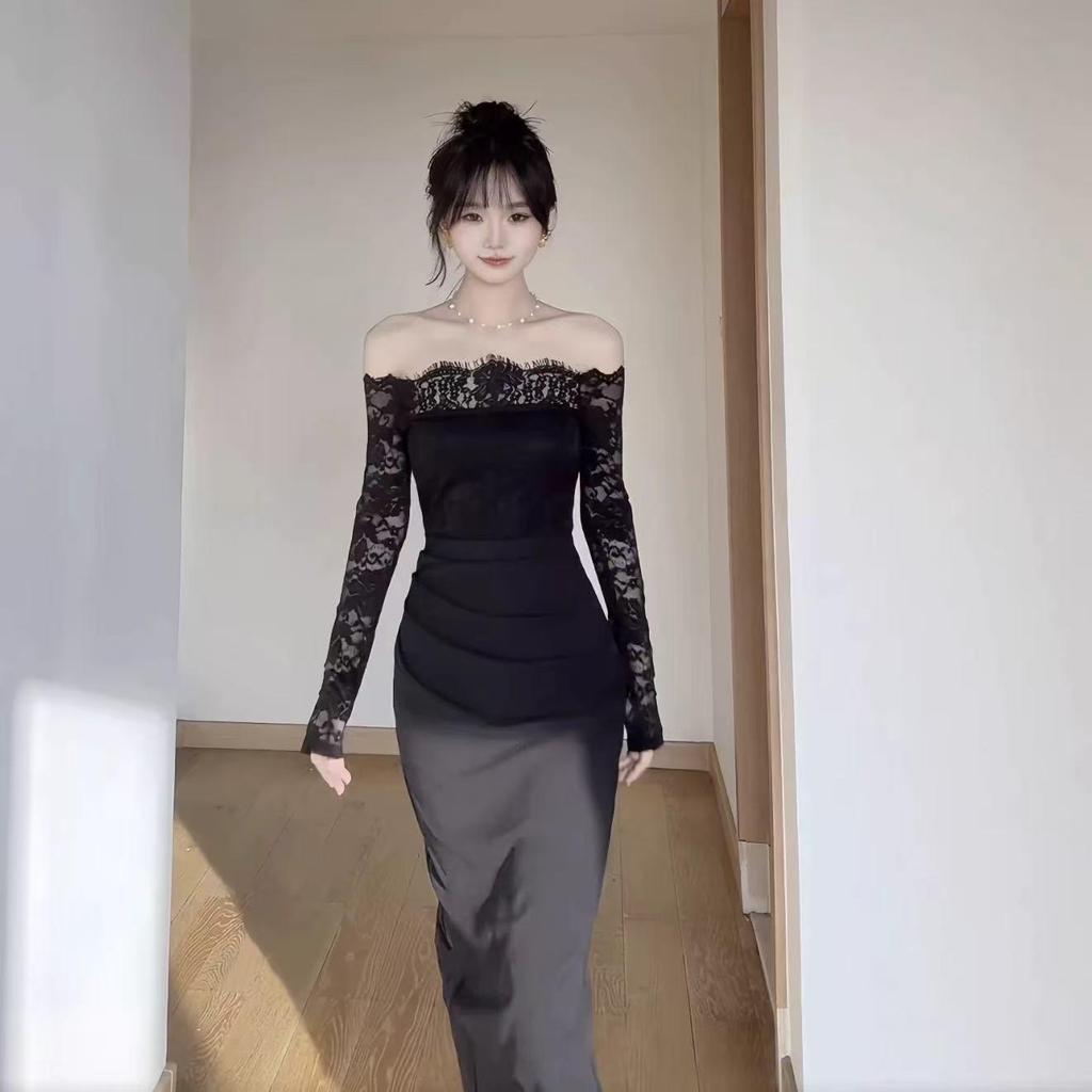 Retro Pure Desire Lace One-Shoulder Dress: Women's 2025 Sexy Long Sleeve, Hip-Hugging Skirt.