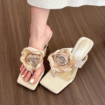 Damen Hausschuhe Blumendekor Einwort Hochhackige Coole Hausschuhe Damen Lässig Modisch Peeptoe Dünnabsatz Sandalen Sandalias Mujer