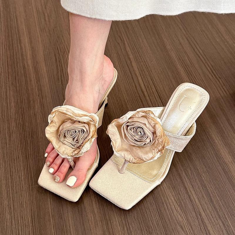 Women's Slippers Flower Decor One-word High-heeled Cool Slippers Women's Casual Fad Peep Toe Thin-heeled Sandals Sandalias Mujer