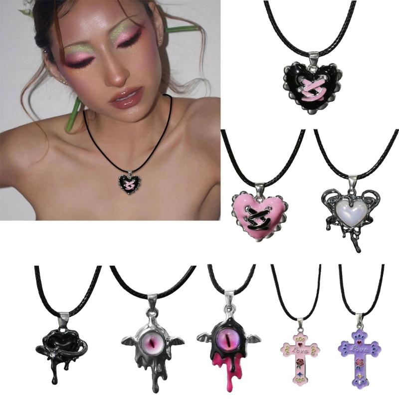 Gothic Liquid Heart Pendant Necklace Devil Eye Cross Choker Punk Devil Eye Clavicle Chain for Women Jewelry Accessories