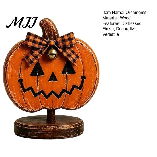 Housewarming Gifts for Home Lovers Halloween Wooden Tabletop Decor, Vintage Pumpkin Ghost Bat Figurines, Rustic Farmhouse Autumn Atmosphere