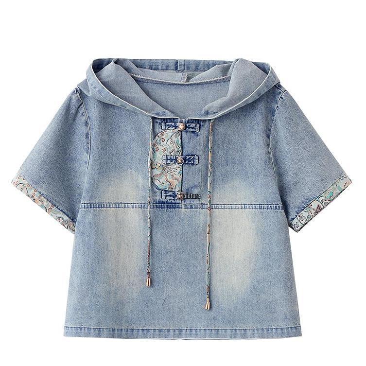 Conjunto de Saia Jeans com Capuz Bordada Chinesa Retrô para Mulheres - Verão 2026