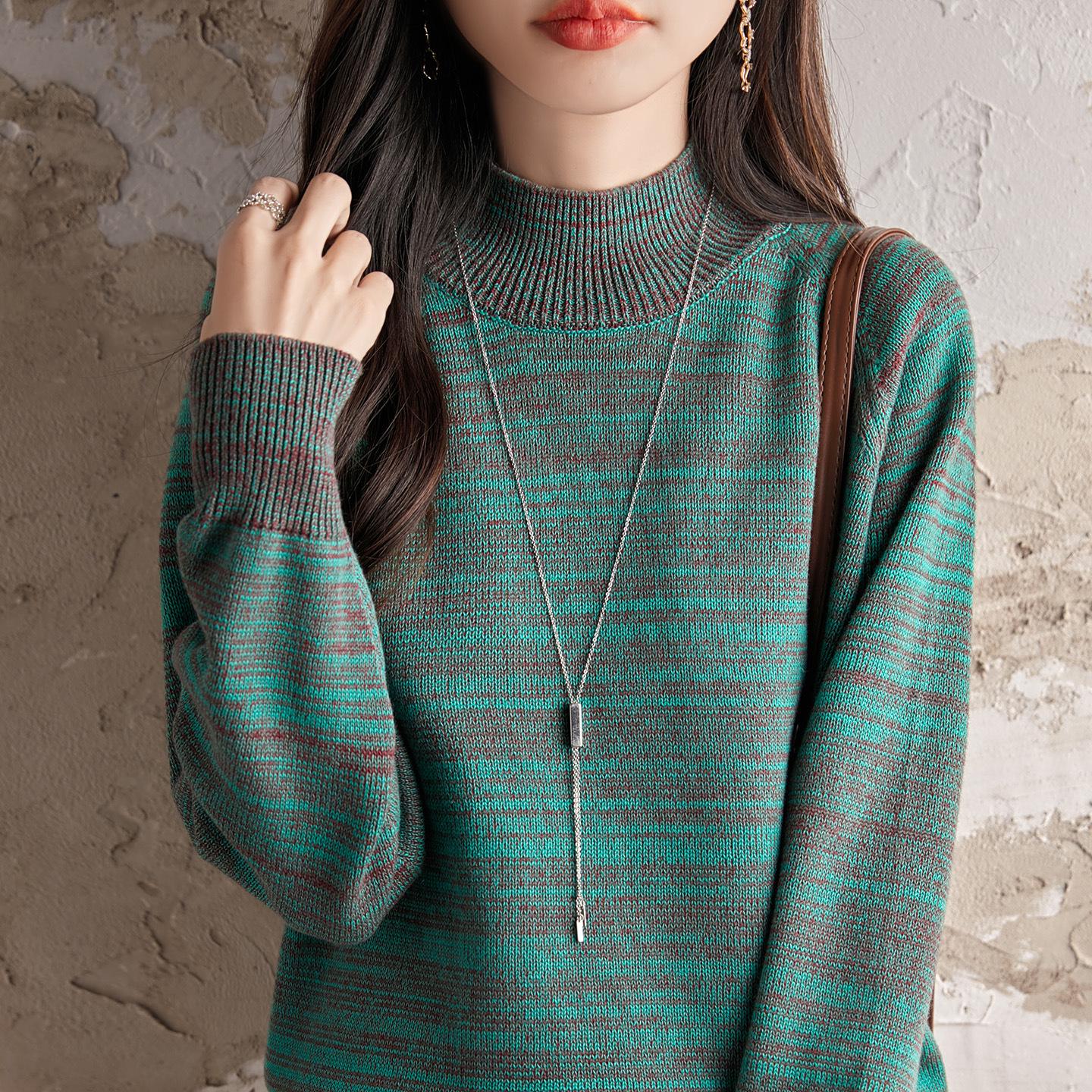 

Женский осенне-зимний 2025 хлопковый утолщенный свитер: Полувысокий воротник, Свободный крой, Теплая трикотажная рубашка для поездок Medium