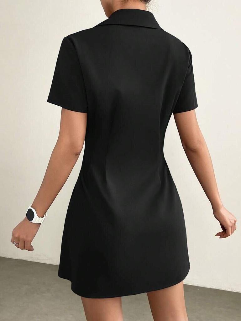 European and American Mid-length Pleated Waist Turn-down Collar Shirt Dress