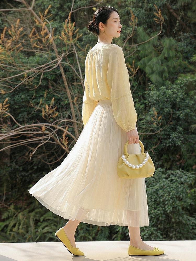 Feiyuan Women's Versatile Pleated Mesh Midi Skirt - Early Spring, Breathable, Large Hem, Commuter Style.
