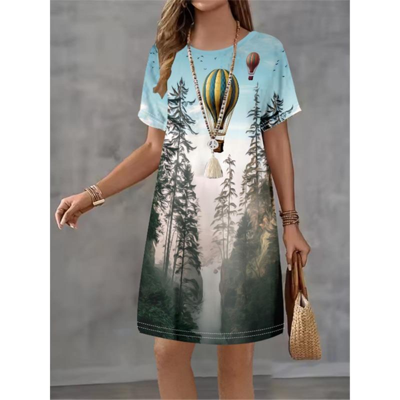 

Women Dress Print Design Sense Pattern 2025 New Summer Elegant Women A-Line Dress Casual Short Sleeve Street Style Mini Dress S