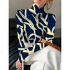 Women's Cheongsam Collar Long-sleeved T-shirt with Blue and White Striped Print for All Seasons