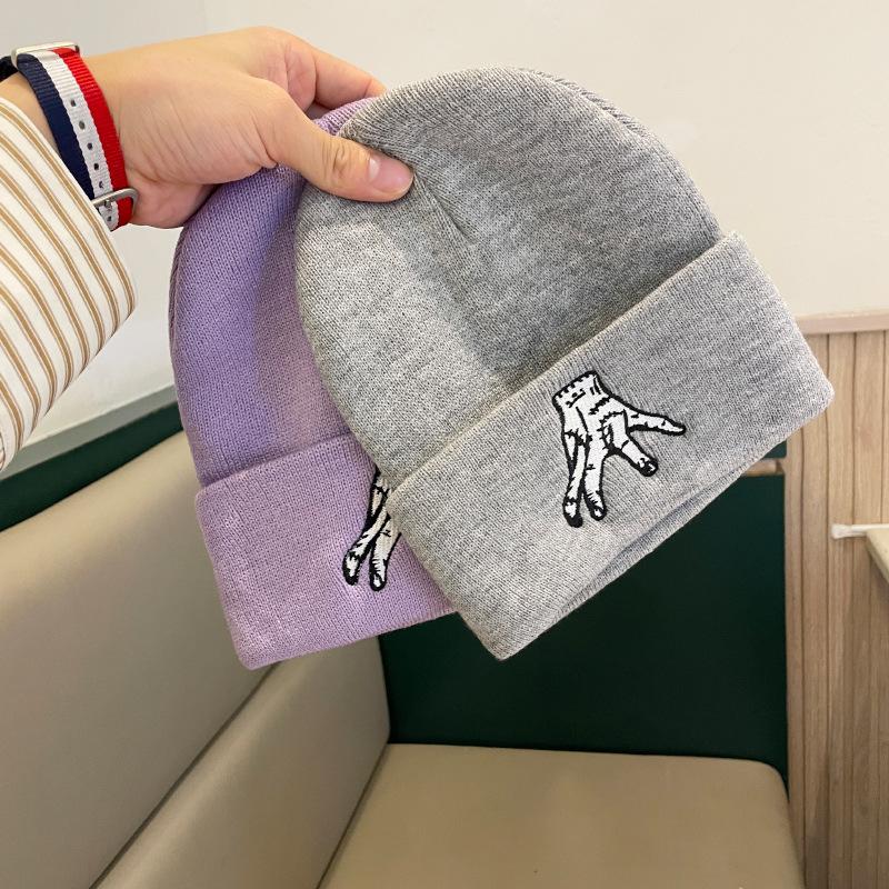 New Funny Knitted Hat Women's Korean Style Embroidered Wool Hat Autumn and Winter Warm and Anti-Cold Hat Pullover Hat Men's Trendy