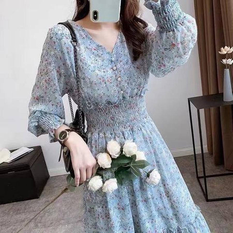 New Spring/Autumn Long Sleeve Waist Slimming High Waist Display High-Waisted Floral Chiffon Dress Long Dress