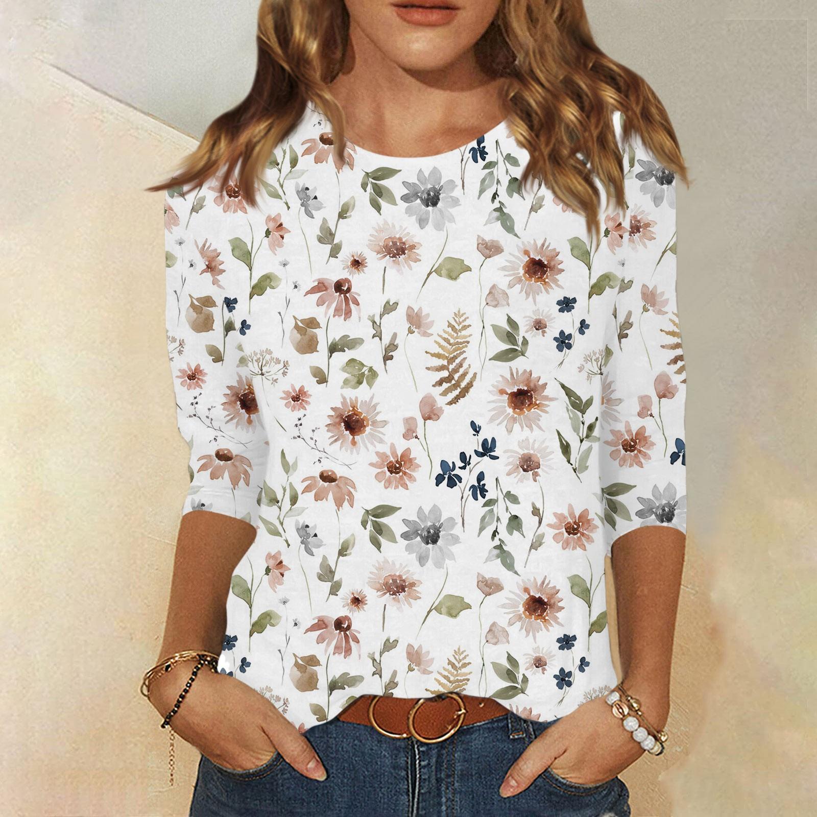 

Жіноча модна повсякденна блуза-пуловер з принтом і круглим вирізом з рукавом три чверті M білий