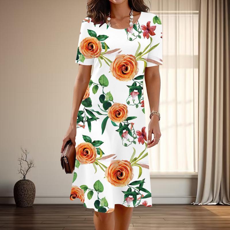 Damenmode Anmutiger Blumendruck Sommer Frühling Kurzarm O-Ausschnitt Freizeitkleider