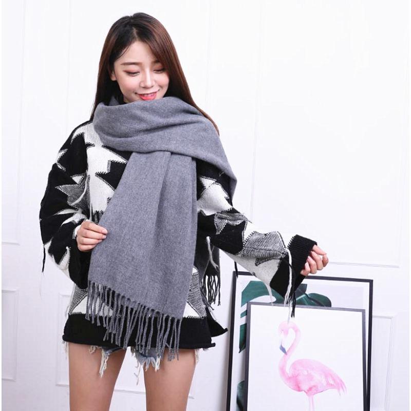 Imitation Cashmere Scarf for Women Winter Warm Thickened Solid Color Unisex Burgundy Dark Red Solid Color Tassel Scarf
