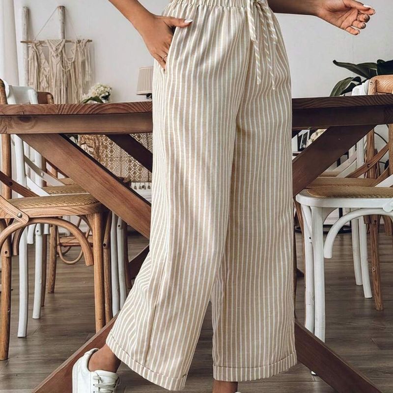 

2025 Summer K-style Fashion Striped Elastic Waist Casual Versatile Pants Women s Loose Straight-leg Loose Pants Plaid Apricot L